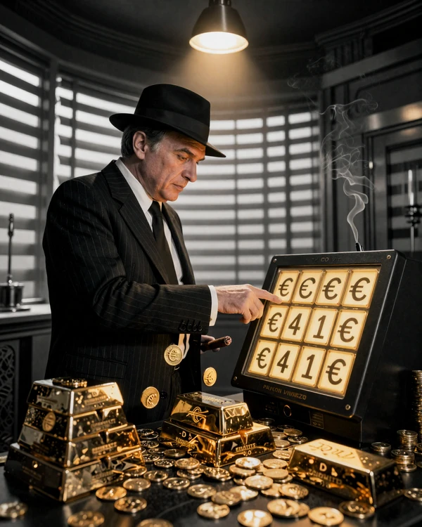 Don Vincenzo zeigt auf goldenen progressiven Jackpot Counter mit Goldbarren - SlotMafia Mega Fortune