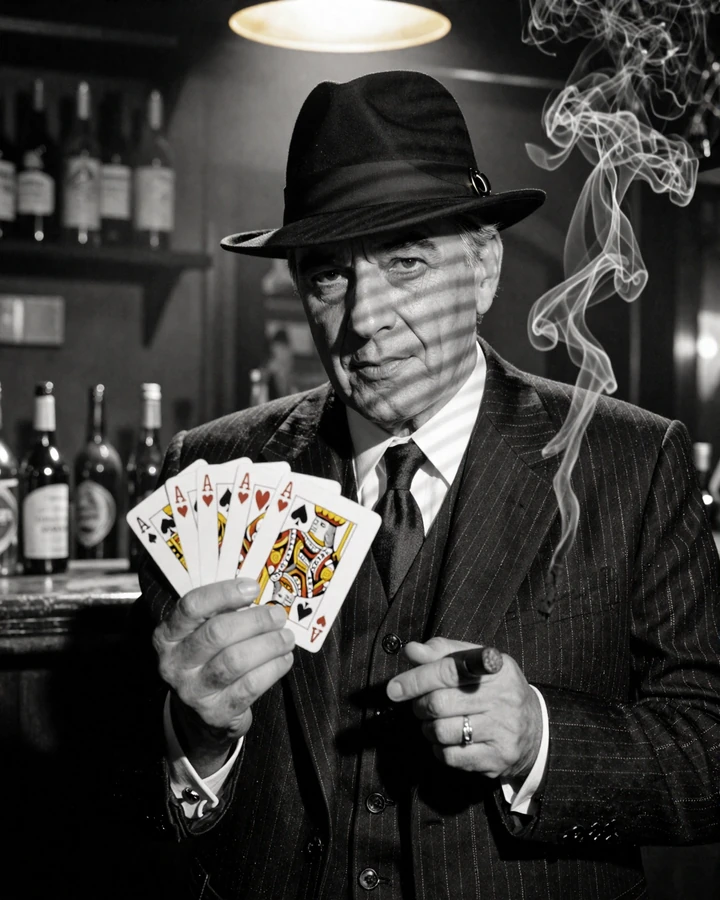 Don Vincenzo h&auml;lt goldene Spielkarten Ace of Spades - SlotMafia Slotmaschinen Hero