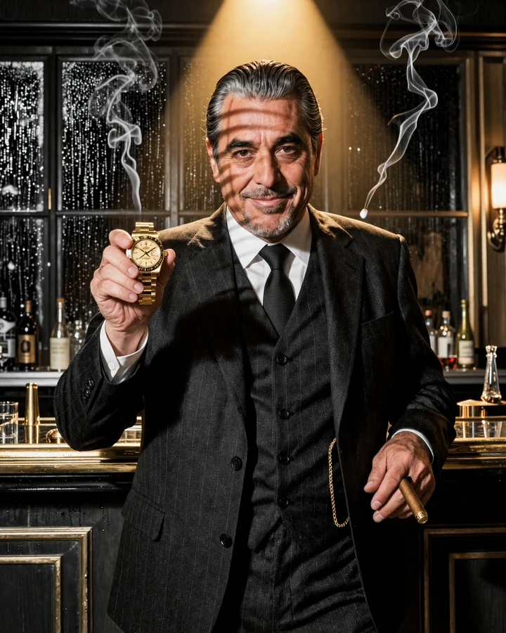 Don Vincenzo im Pinstripe-Anzug pr&auml;sentiert goldene Rolex Daytona - SlotMafia VIP Club Hero