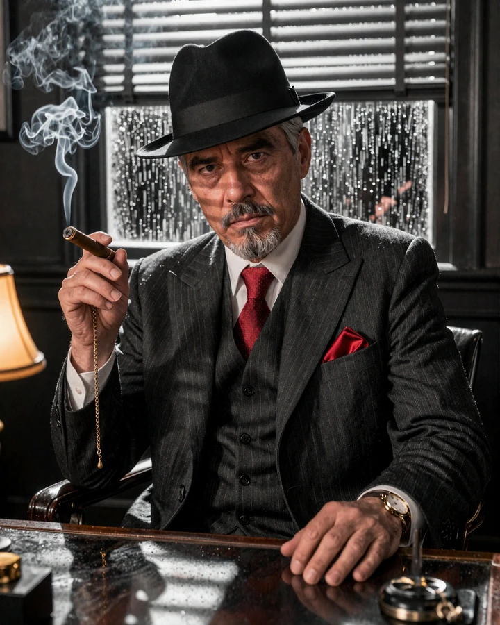 Don Vincenzo Mafia Boss in Chicago Speakeasy mit Fedora und Zigarre - SlotMafia Casino Hero